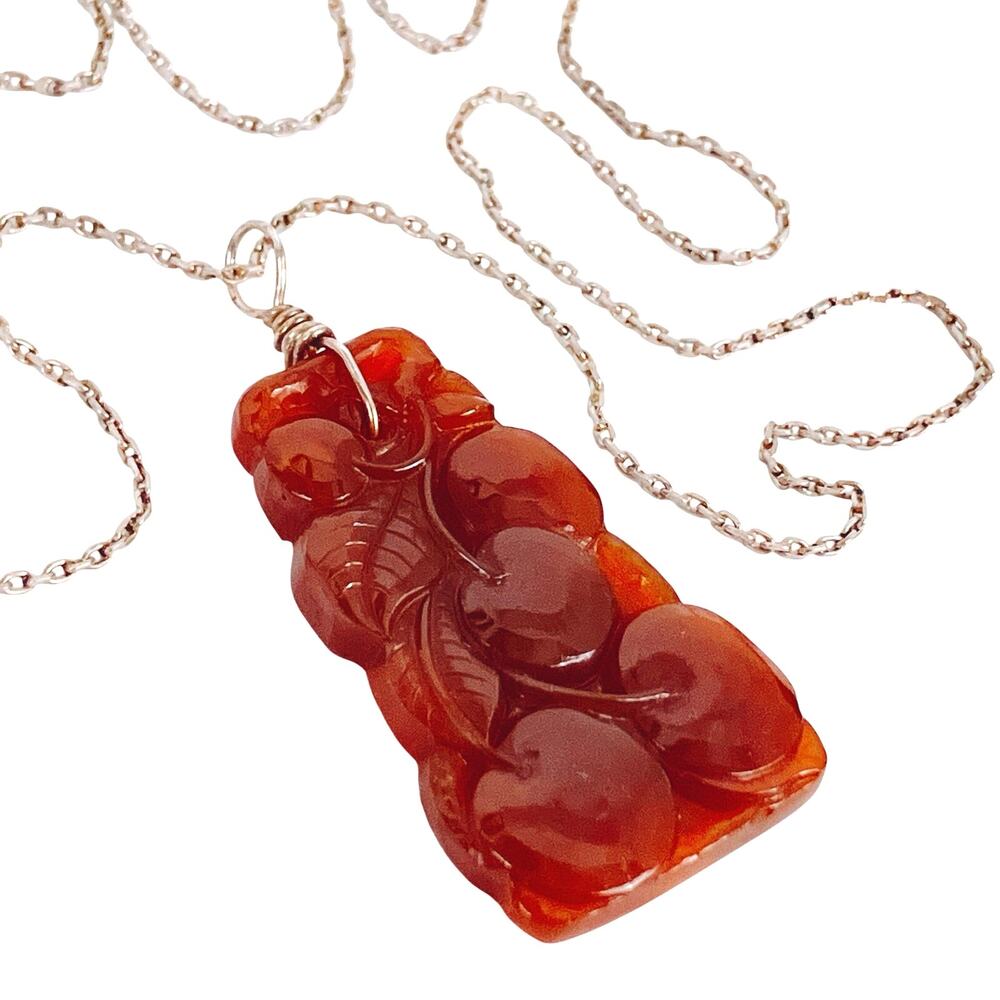 Vintage Faux Carnelian Molded Glass Fruit Pendant Sterling Silver Necklace 23"